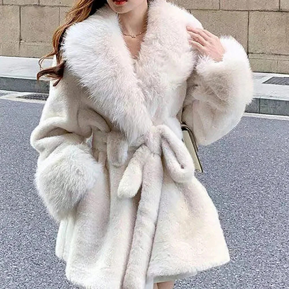 White Casual Women's Long Sleeve Faux Fur Collar Tie-Waist Faux Fur Jacket - Picture 1 of 6